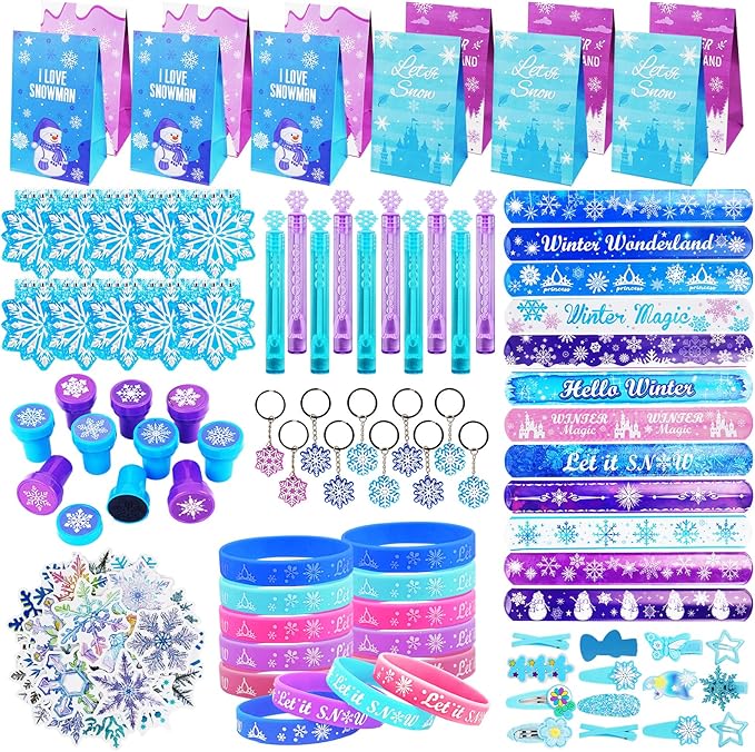 138Pcs Frozen Birthday Party Favors Pack for Girls Kids, Goodie Bag Stuffers Includ Hair Clips Notebooks Stamps Bracelets Keychains Bubble Wands Stickers for Frozen Winter Birthday Party Supplies