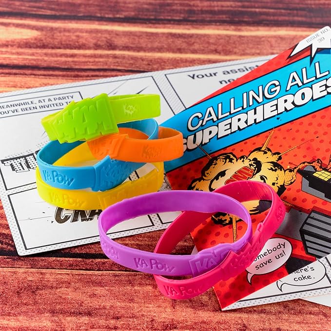 24 Assorted Superhero Comic Quotes & Sayings Colorful Rubber Jelly Bracelets for Children Birthdays, Party Favors, Kid's Goody Bags By Super Z Outlet