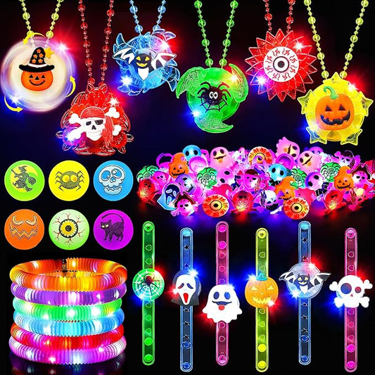 66Pcs Halloween Party Favors for Kids, Light Up Rings Spin Necklaces Halloween Goodie Bag Fillers Treats Prizes Glow in The Dark Halloween Toys Bulk Carnival Classroom Favors Trick or Treat Toys