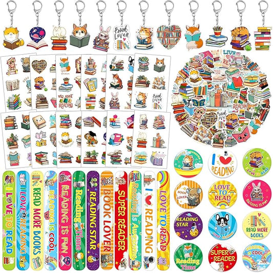 98 PCS Reading Book Party Favors, Reading Book Temporary Tattoos Slap Bracelets Stickers Badges Keychains for Reading Book Birthday Party Decorations Supplies for Kids Boys Girls Book Lovers