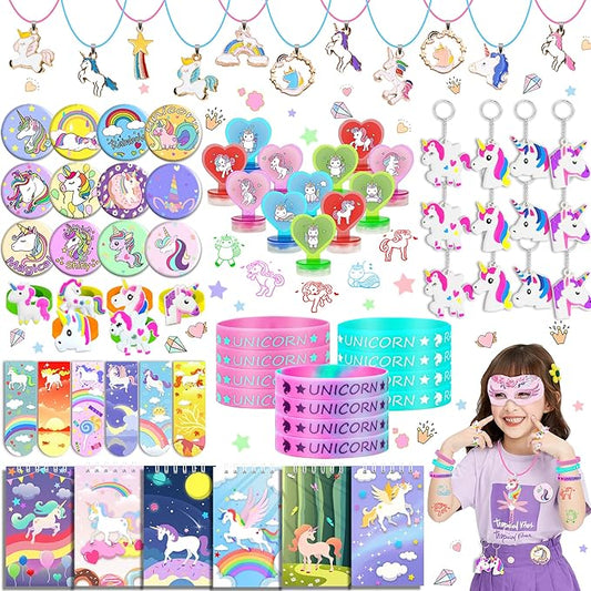 78 PCS Unicorn party Favors Girls Unicorn Birthday Supplies with Bracelets Necklaces Rings Keychains Badges Bookmarks Notebooks Goodie Bags Fillers for Birthday Party Prizes Unicorn Pinata Stuffers