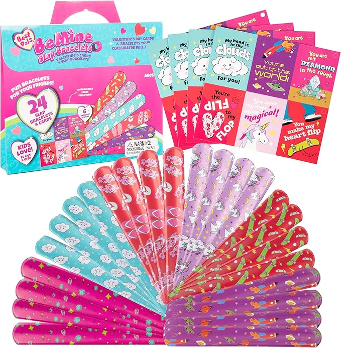 Kids Slap Bracelet Valentine's Day Cards - Best Pals (24ct) - Each Valentine has a Card & Matching Slap Friendship Bracelet- Enough for Whole Kid's Classroom- Fun School Gift Exchange for Boys & Girls