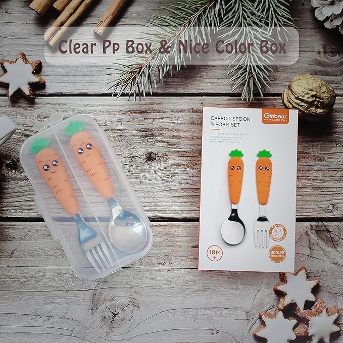 Ginbear Toddler Utensils with Case, Kids Spoons and Forks Self-feeding, Stainless Steel Baby Silverware, Child Flatware Sets, Travel Cutlery Set for Ages 18 Months+