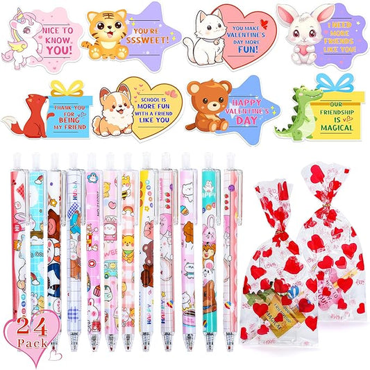 24 Pack Valentines Day Gifts for Kids, Valentine Cards for Kids Classroom School with Pens, Valentine Greeting Cards Bulk Goodie Bag for Boy Girl Valentine Party Favors Exchange Gift Class Prizes