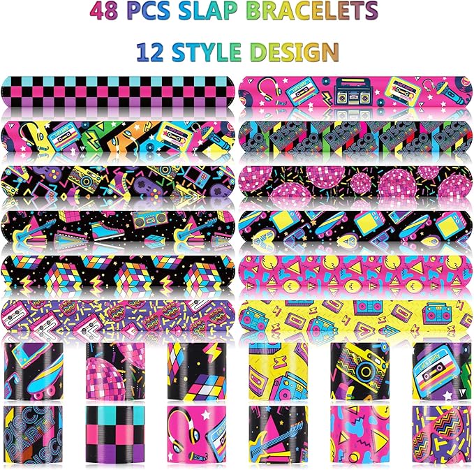 48PCS 80s 90s Party Favors Slap Bracelets,Back to 80s 90s Throwback Theme Party Decorations Slap Bracelets Wristband,For Kids Adults Classroom Prize Exchanging Birthday Party Decorations Supplies