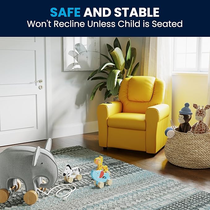 Flash Furniture Vana Vinyl Kids Recliner with Cup Holder, Headrest, and Safety Recline, Contemporary Reclining Chair for Kids, Supports up to 90 lbs., Yellow