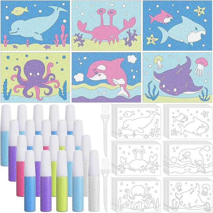 30 Sets Ocean Animal Sand Art Kits for Kids DIY Ocean Craft Sand Painting Colored Sand Art Painting Cards Set for Children DIY Arts Ocean Theme Educational and Learning Activities