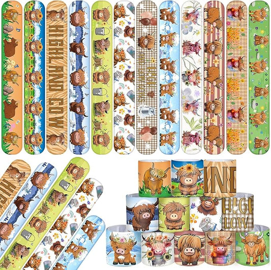 48 PCS Highland Cow Slap Bracelets Highland Cow Party Favors Cartoon Animals Party Wristbands for Kids Boys Girls Cow Baby Shower Party Supplies Birthday Party Carnival Prizes Gifts Classroom Rewards