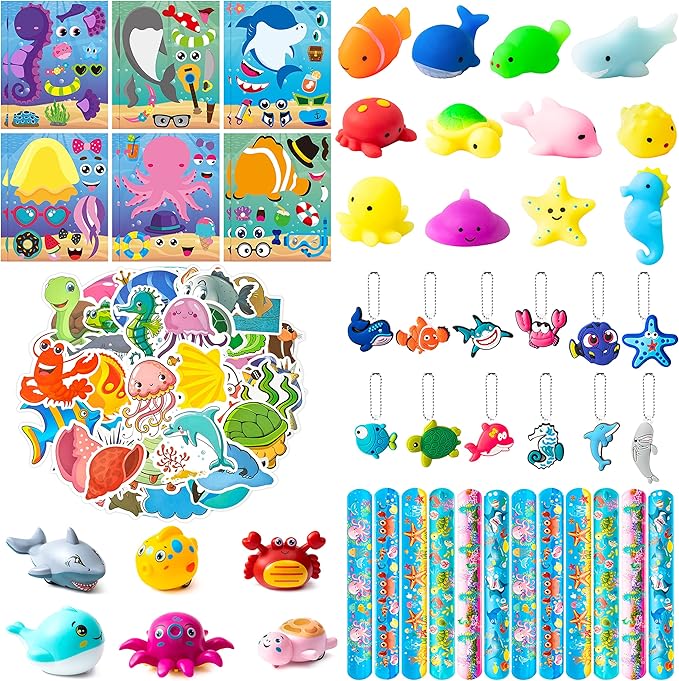 ANGOLIO Ocean Sea Animals Party Favor - 114Pcs Ocean Aniamls Toys Include Sea Animals Keychains Stickers Bracelet Cute Make A Face Stickers for Kids Ocean Themed Birthday Party Classroom Rewards