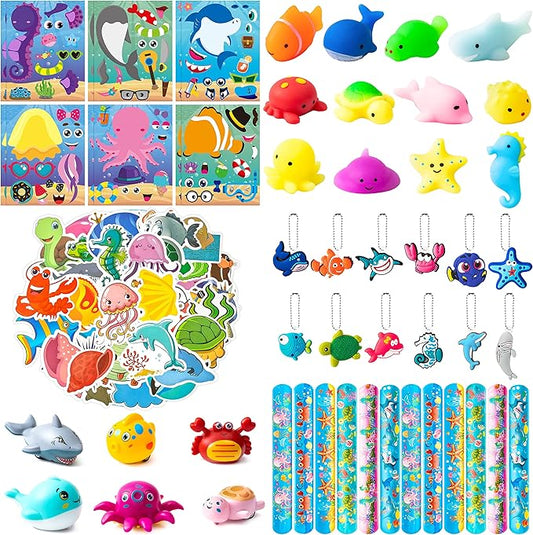 ANGOLIO Ocean Sea Animals Party Favor - 114Pcs Ocean Aniamls Toys Include Sea Animals Keychains Stickers Bracelet Cute Make A Face Stickers for Kids Ocean Themed Birthday Party Classroom Rewards