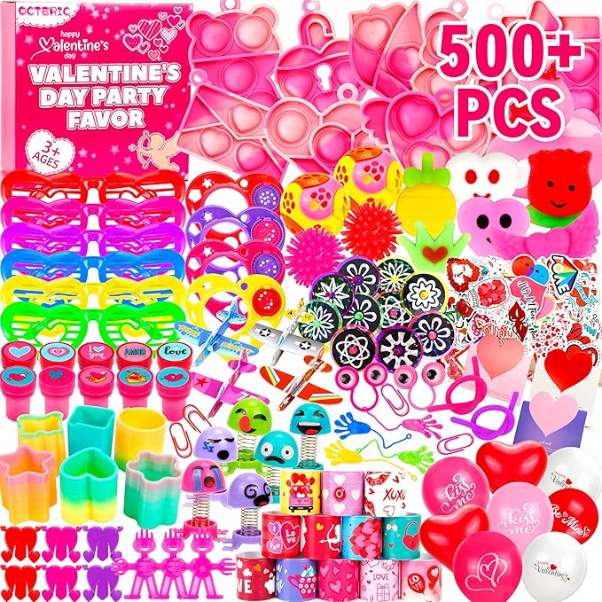 500+ Pcs Valentine's Day Party Favors Toy Assortment Set Valentine Goodie Bag Stuffers Valentine Prizes Rewards Bulk for Kids Students Valentine Party Favors Treats School Classroom Gift Exchange
