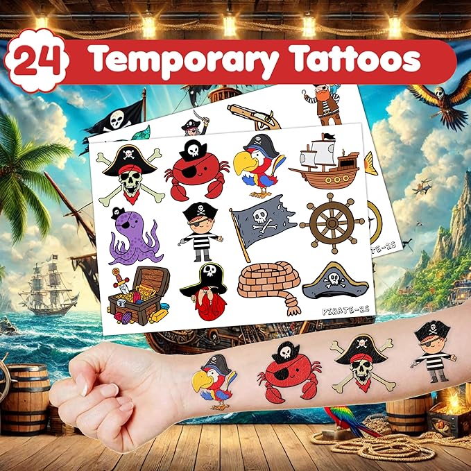 48PCS Pirate Party Favors - 24PCS Tattoos & 24PCS Slap Bracelets - Pirate-Themed Birthday Supplies, Treasure Hunt Decorations, Classroom Prizes, Gifts for Boys & Girls