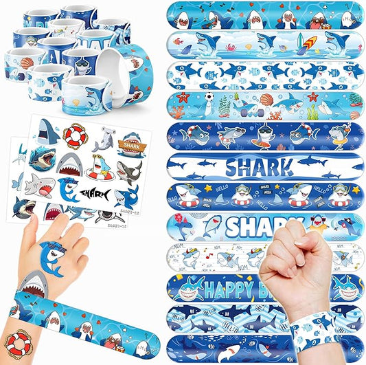 48PCS Shark Party Favors - 24PCS Tattoos & 24PCS Slap Bracelets - Ocean-Themed Birthday Supplies, Undersea Decorations, Classroom Prizes, Gifts for Boys & Girls