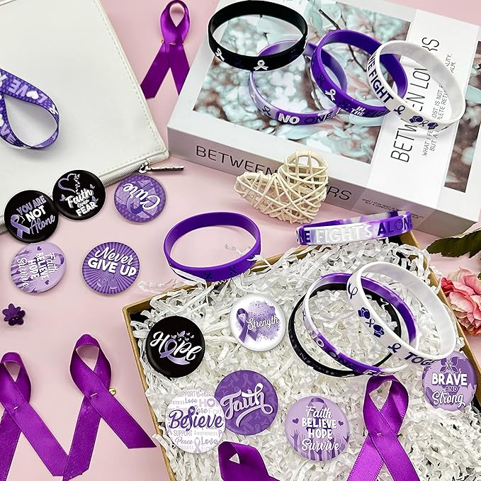 60 Pcs Purple Ribbon Awareness Accessories Stuff Include Purple Ribbon Silicone Bracelet Rubber Wristband and Button Badges Pins for Animal Abuse, Alzheimer's Pancreatic Cancer Gifts Party Supplies