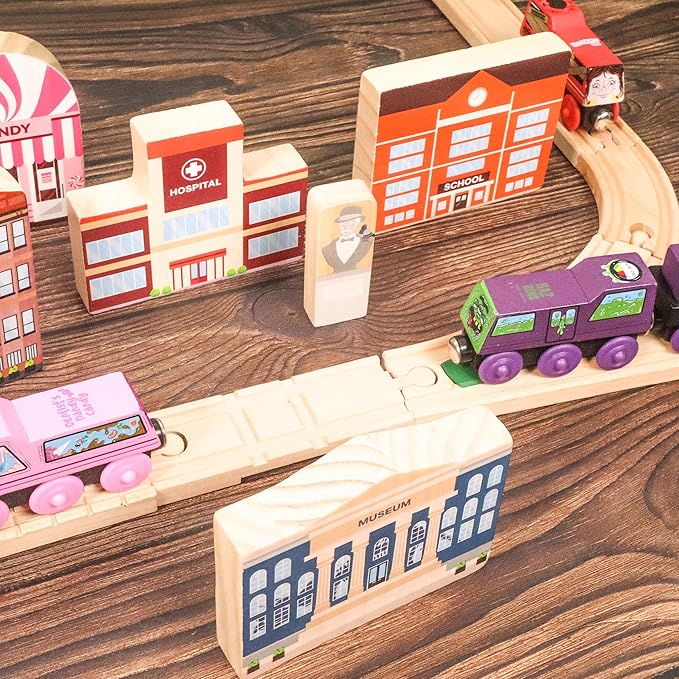 20 Pc Wooden City Play Set - Wooden Town Buildings and Street Signs for Play Mats, Toy Cars and Trains - Educational Preschool Track Accessories - Community Helpers Stacking Blocks Learning Toddler