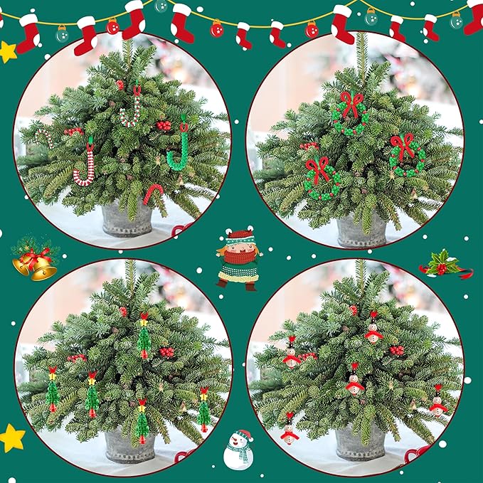 Christmas Crafts for Kids Adults Families, Beaded Ornament Kit to Make Wreath/Candy Cane/Xmas Tree/Snowman, Holiday Decorations Party Supplies, 40 Pieces