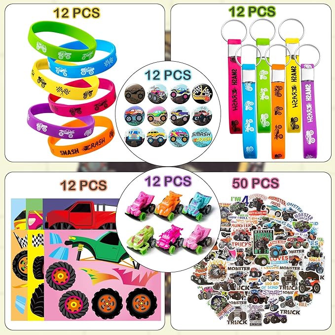 ANGOLIO 110Pcs Monster Truck Party Favors Kits, Favors All-in-One Pack Party Supplies Include Monster Truck Stickers Keychain Bracelet Badge Car Face Stickers for Boys Kids Birthday Party Supplies