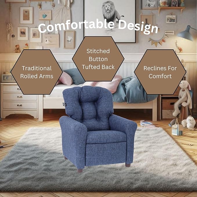 The Crew Furniture Traditional Kids Recliner, Toddler Ages 1-5 Years, Home Décor Polyester Linen, Sapphire