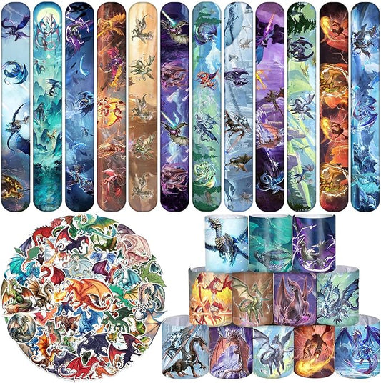 74 PCS Dragon Party Favors, 24 PCS Dragon Slap Bracelets 50 PCS Dragon Stickers Dragon Birthday Party Decorations Supplies Gifts for Kids Classroom Rewards