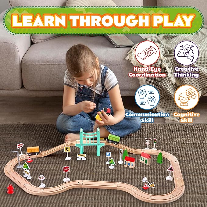 47Pcs Wooden Train Set for Toddlers, Wooden Train Track - Expandable and Changeable, Safe Educational Train Toys Gift for Boys & Girls Kids Ages 3-5 4-8, Compatible with All Major Brands