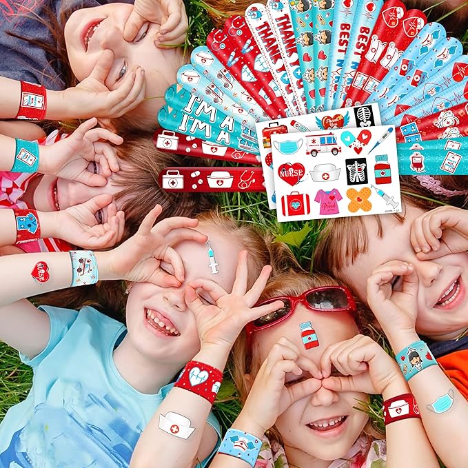 48 PCS Nurse Party Favors 24PCS Tattoos Sticker 24PCS Slap Bracelets Wristbands Perfect for Themed Birthday Party Favors Baby Showers or Classroom Rewards Ideal Decor and Gifts for Girls and Boys