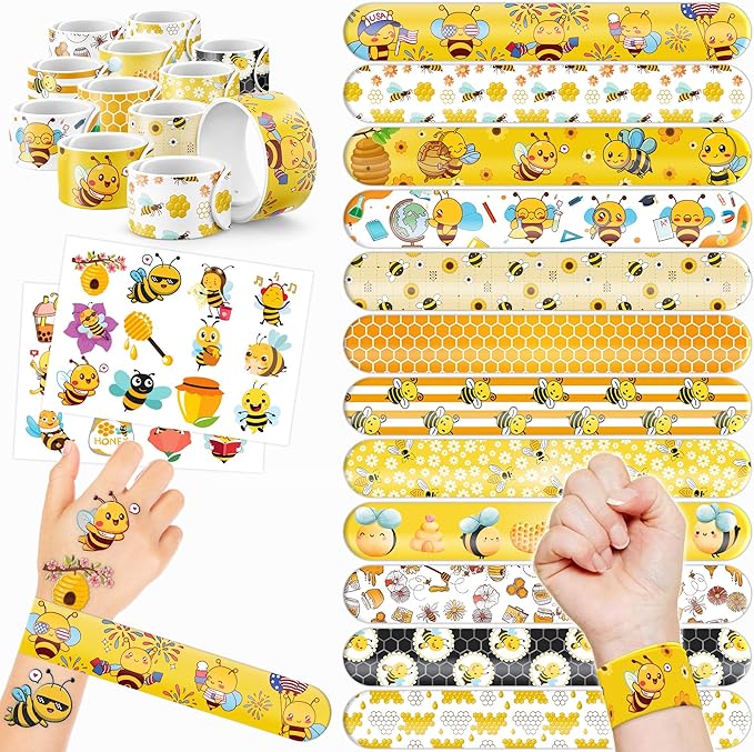 48PCS Bee Party Favors - 24PCS Tattoos & 24PCS Slap Bracelets - Honey Bee Birthday Supplies, Baby Shower Decorations, Classroom Prizes, Gifts for Girls & Kids