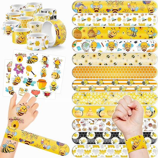 48PCS Bee Party Favors - 24PCS Tattoos & 24PCS Slap Bracelets - Honey Bee Birthday Supplies, Baby Shower Decorations, Classroom Prizes, Gifts for Girls & Kids
