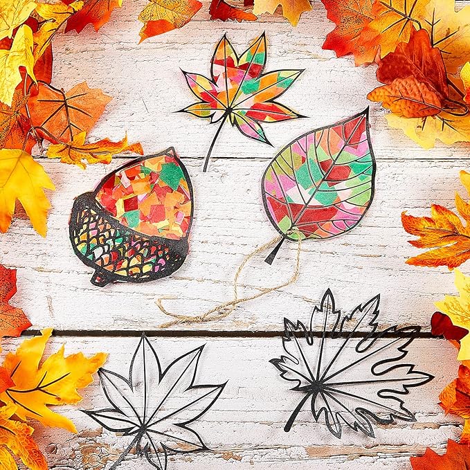 18 Pcs Thanksgiving Fall Paper Craft for Kids DIY Autumn Tissue Paper Leaf Suncatcher Kit with 20 PVC Contact Paper and 30 Colored Cellophane Paper for Kids Classroom DIY Crafts Art Party Supplies