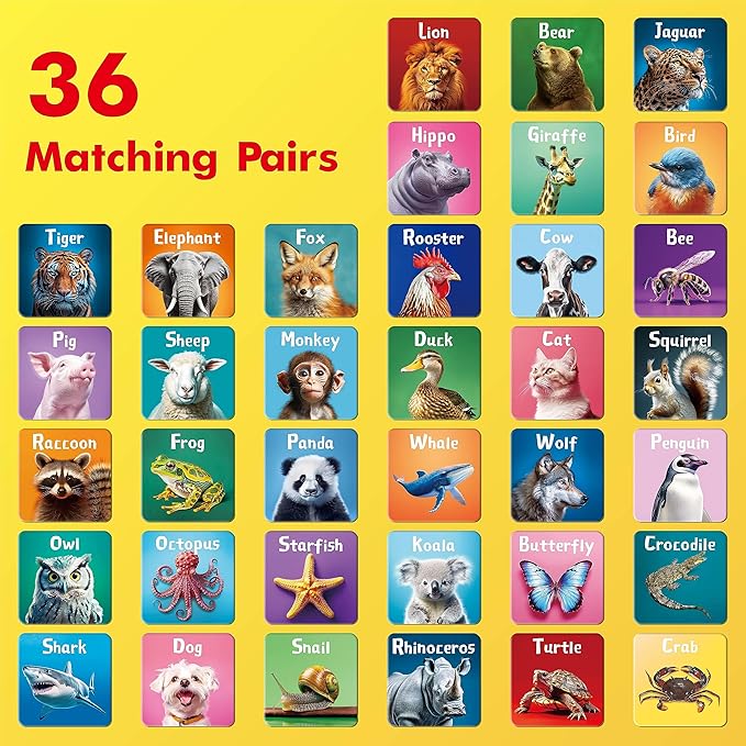 72 PCS Memory Matching Game, Real Animal Matching Cards for Toddlers 36 Pairs Memory Cards for Preschool 4 5 6 Years Old