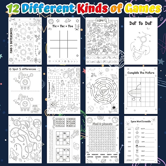 24Pcs Space Activity Books for Kids Space Theme Mini Games Coloring Book Set Bulk Mazes Word Search Word Scramble Games for Birthday Party Goodie Bags Stuffers Classroom Back to School Favors Supplies