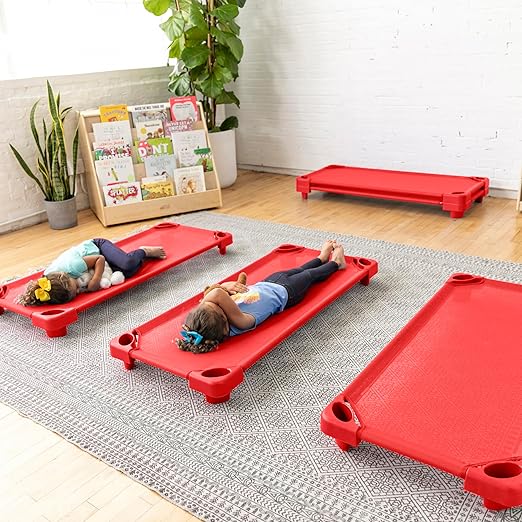 ECR4Kids Stackable Kiddie Cot, Ready-to-Assemble, Standard Size, Classroom Furniture, Red, 6-Pack