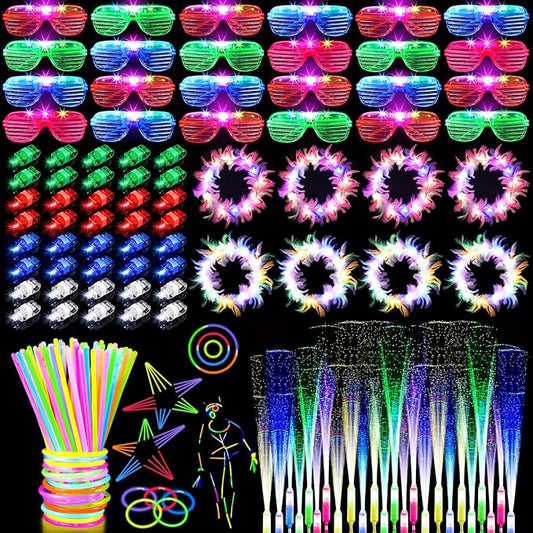 196PCS Glow in the Dark Party Supplies, Light Up Party Favors with 24 LED Glasses, 24 Fiber Optic Wands, 8 Hairbands, 40 Finger Lights,100 Glow Sticks for Kids Adults Neon Party Decorations