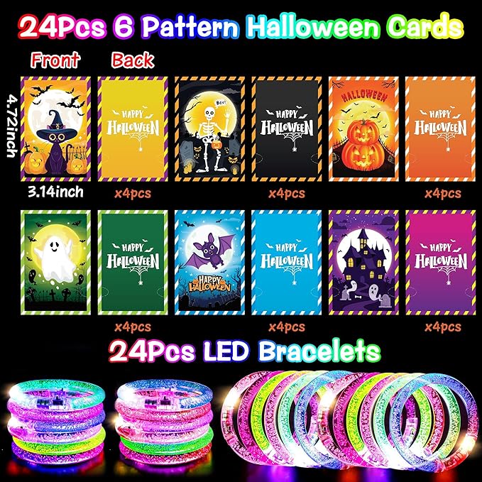24 Pack Halloween Party Favors Bracelets Glow in the Dark Bracelets, Halloween Treats Party Favors Light Up Bracelet Halloween Glow Sticks Bracelet for Non Candy Treats Halloween Party Supplies