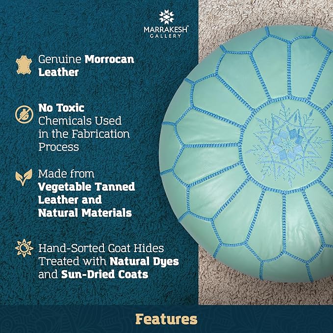 Marrakesh Gallery Genuine Leather Round Pouf Unstuffed - Moroccan Ottoman Footstool, Footrest Cover - Boho Decor - Bohemian Living Room, Bedroom, Kids Room, Gift & Wedding