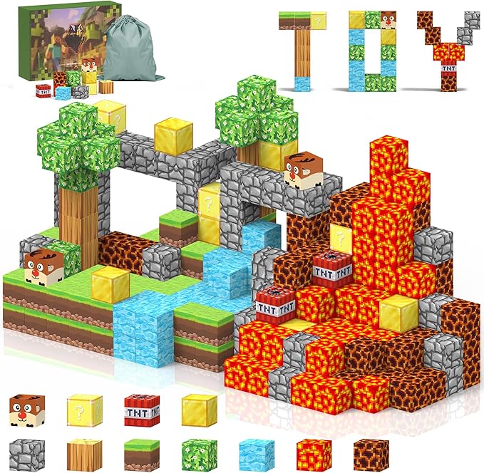 64PCS Magnetic Cubes- Build Magnet World Volcano Set, Educational Sensory Toys for Toddlers Kids, Construction Building Toys,Birthday Gifts for Boys Girls Aged 3-5 6-8 8-12