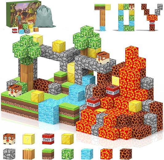 64PCS Magnetic Cubes- Build Magnet World Volcano Set, Educational Sensory Toys for Toddlers Kids, Construction Building Toys,Birthday Gifts for Boys Girls Aged 3-5 6-8 8-12