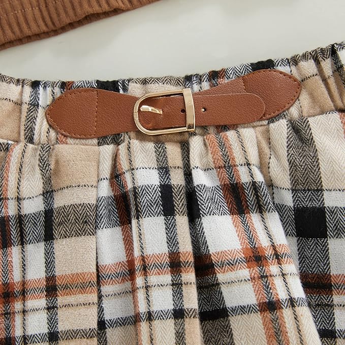 Fernvia Toddler Baby Girl Fall Winter Skirt Set Turtleneck Ribbed Long Sleeve T-Shirt Top & Plaid Skirts Dress 2Pcs Outfits