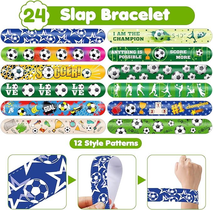 48PCS Soccer Party Favors - 24PCS Tattoos & 24PCS Slap Bracelets - Football-Themed Birthday Supplies, World Cup Decorations, Classroom Prizes, Gifts for Boys & Girls