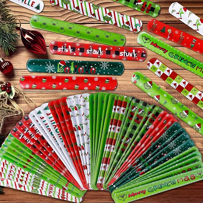 48PCS Christmas Slap Bracelets, Christmas Party Favors Toys for Kids Xmas Slap Wristbands Snap Bracelets Bulk for Christmas Stocking Stuffers Decoration Gifts Bag Filler