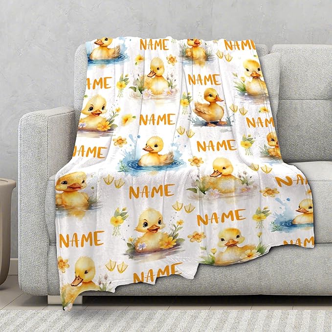 Custom Name Flower And Ducks Adult duck Blanket Kids Funny Blanket Suitable for bedroom bed sofa Crib Couch Chair outdoor All Season Items That Yellow Duck Lovers Will Love 90”×120 ”for Family