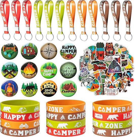 ANGOLIO 84Pcs Spring Camping Party Favors Kit Happy Camper Party Gifts Silicone Bracelets Stickers Keychains Badges for Kids Friends Summer School Camping Adventure Birthday Supplies
