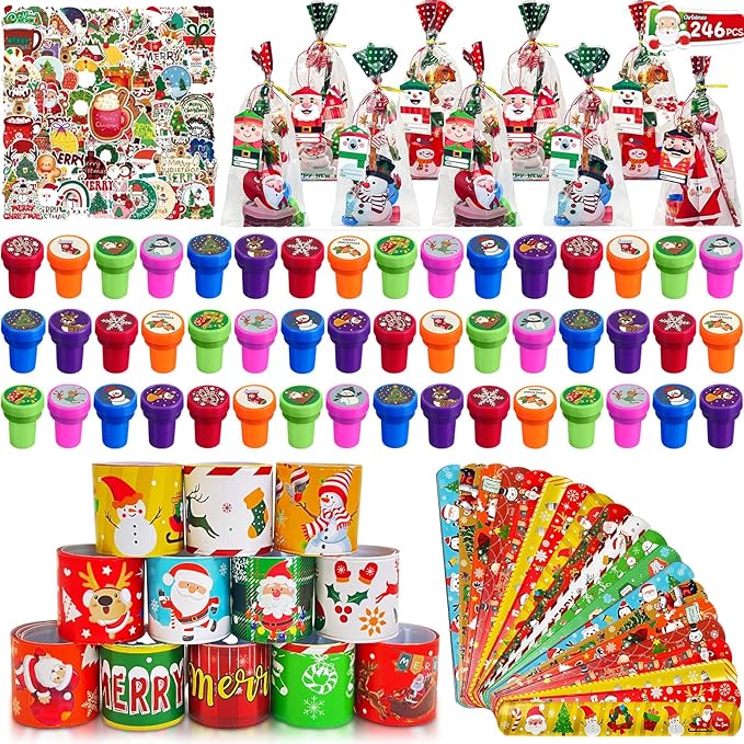 246 Pcs Christmas Party Supplies, Including Christmas Slap Bracelets Bulk Christmas Stamps Christmas Stickers for Christmas Party Favors Supplies Xmas Goodie Bags Stuffers Christmas Classroom Prize