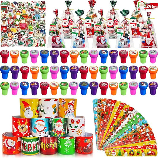 246 Pcs Christmas Party Supplies, Including Christmas Slap Bracelets Bulk Christmas Stamps Christmas Stickers for Christmas Party Favors Supplies Xmas Goodie Bags Stuffers Christmas Classroom Prize