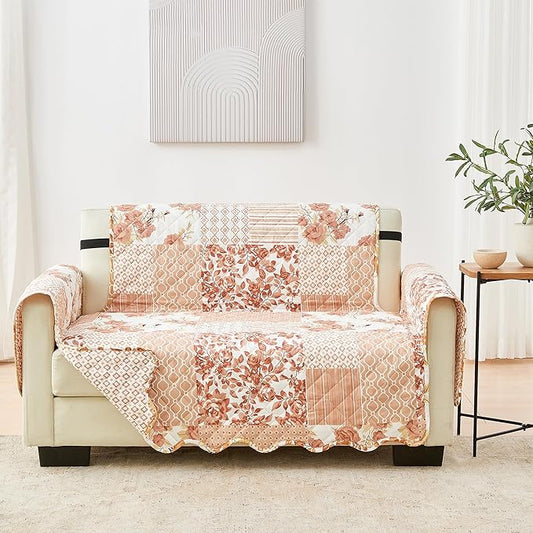 Great Bay Home Reversible Patchwork Loveseat Cover - Washable Slipcover Furniture Protector with Elastic Straps - Couch Cover for Dogs, Kids, and Pets - Box-Stitched Detail (Loveseat, Dusty Rose)