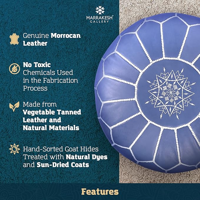 Genuine Leather Round Pouf Cover - Handmade Moroccan Ottoman Footstool, Unstuffed Footrest Under Desk - Boho Decor - Bohemian Living Room, Bedroom, Kids Room - Housewarming Gift & Wedding