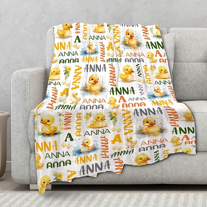 Custom Name Duck Blanket for Girls Adult duck Blanket Kids Funny Blanket Suitable for bedroom bed sofa Crib Couch Chair outdoor All Season Items That Yellow Duck Lovers Will Love 50"x40"for Kid