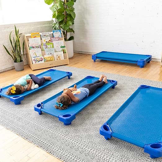 ECR4Kids Stackable Kiddie Cot, Assembled, Standard Size, Classroom Furniture, Blue, 5-Pack