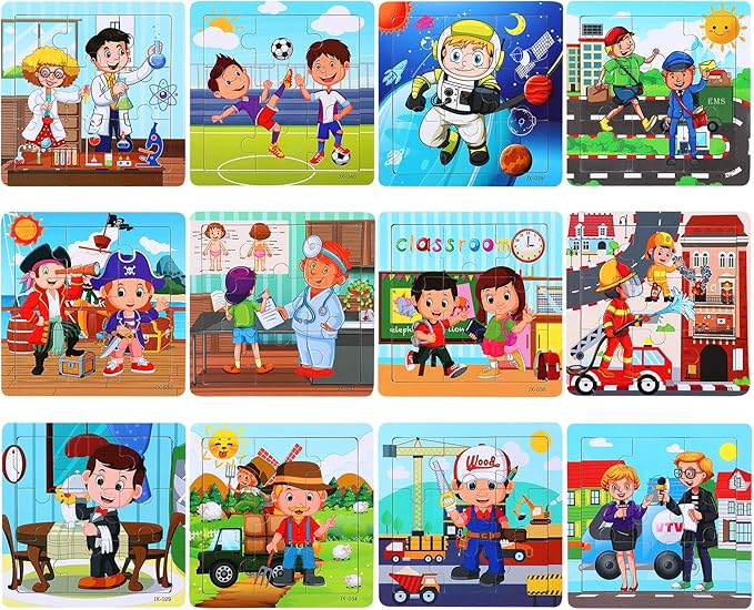 SANNIX 12 Pack Wooden Jigsaw Puzzles for Toddlers, Characters Puzzles for Kids Party Favors, Educational Puzzles Learning Travel Toy with 12 Organize Bags