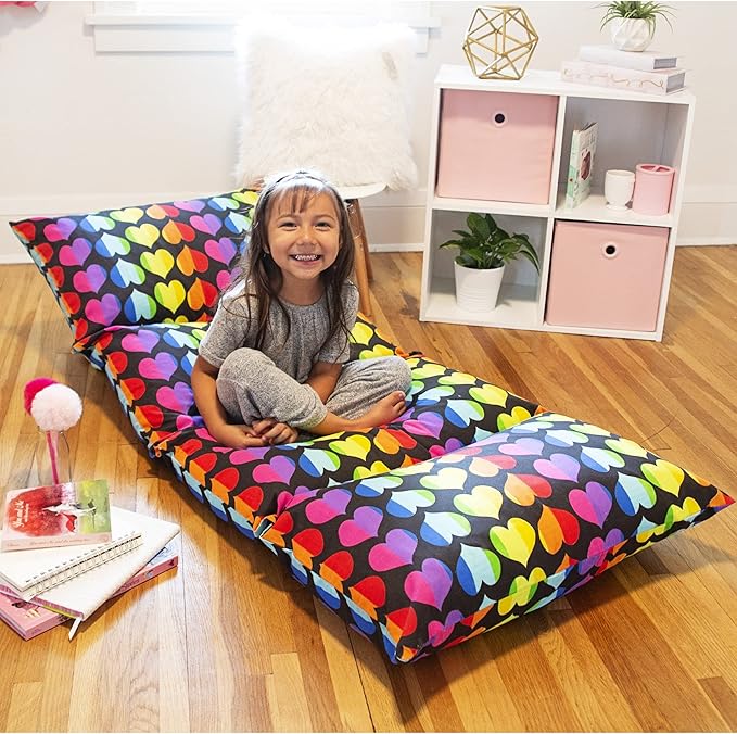 Wildkin Kids Floor Lounger: Ideal for Boys and Girls, Travel-Friendly, Perfect for Sleepovers - Pillow Lounger for Kids, Requires Standard Size Pillows Not Included (Rainbow Hearts)