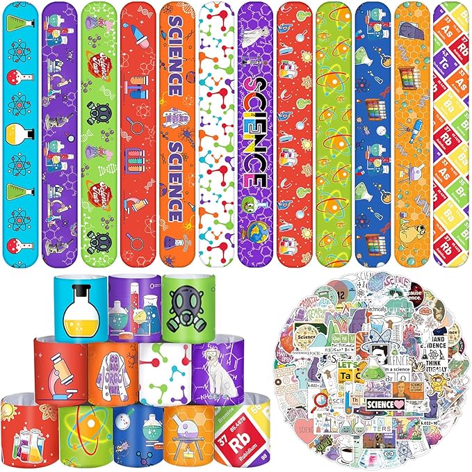 86PCS Science Party Favors Include 36PCS Science Slap Bracelets 50PCS Science Stickers Scientist Theme Stickers Snap Bracelet for Kids Science Birthday Party Supplies Decorations Classroom Rewards